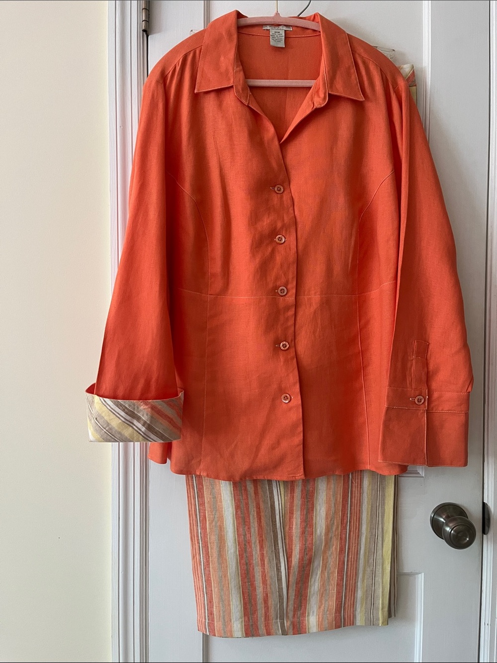 Tweeds Linen Set Button Front Jacket Striped Wide Pants Women 24W Resort Office